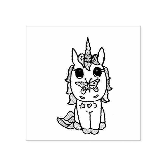 Hübsches Einhorn mit Schmetterling auf Nase Gummistempel (Prägung)