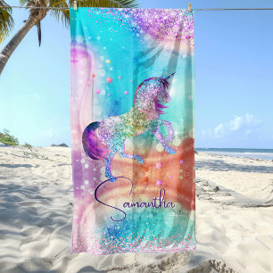 Hübsches Einhorn rosa Glitter Regenbogen aqua Mono Strandtuch