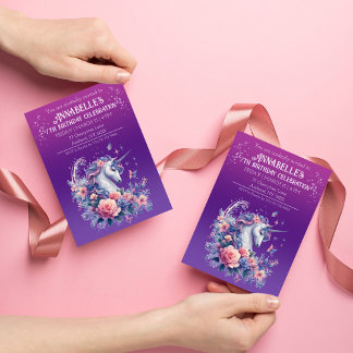 Hübsches Einhorn Rosa Lila Ombre Mädchen Geburtsta Einladung