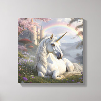 Hübsches Einhorn, Schloss und Regenbogen Leinwanddruck
