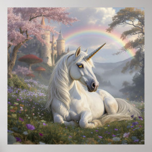 Hübsches Einhorn, Schloss und Regenbogen  Poster