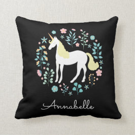 Hübsches Einhorn und Blume Personalisiert Schwarz Kissen
