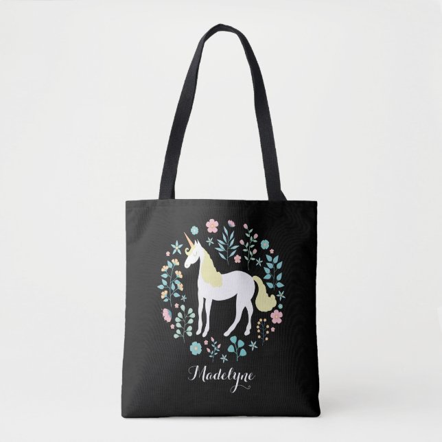 Hübsches Einhorn und Blume Personalisiert Tasche (Vorderseite)