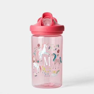 Hübsches Einhorn und Blumen Kinder rosa Monogramm Trinkflasche