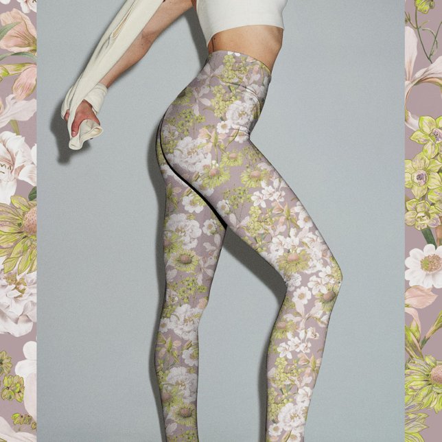 Hübsches elegantes, hellgrün-neutrales Muster Leggings (Pretty elegant light green neutral floral pattern printed leggings for yoga, fitness, filates, etc.)