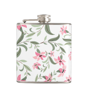 Hübsches elegantes rosa Blumenmuster weiß Flachmann