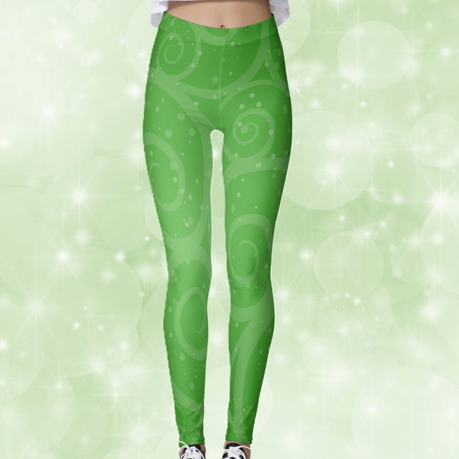 Hübsches festes Grün mit Wirbel und Kreisen Leggings (Pretty festive abstract green with swirl pattern and dots on womans leggings.)