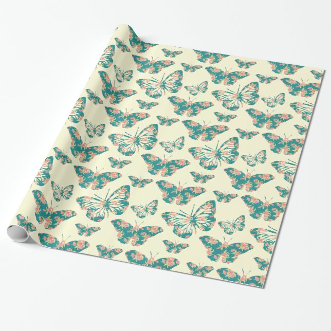 Hübsches Floral Butterfly Muster Geschenkpapier (Ungerollt)