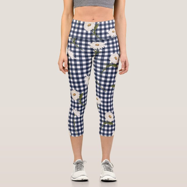 Hübsches Floral Daisy Gingham Karo Muster Capri Leggings (Vorderseite)