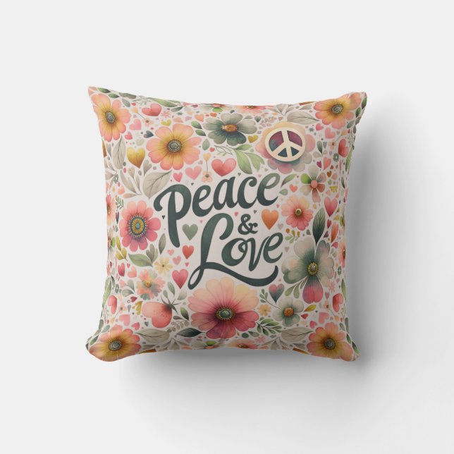 Hübsches Floral Retro Frieden und Liebe Kissen (Vorderseite)