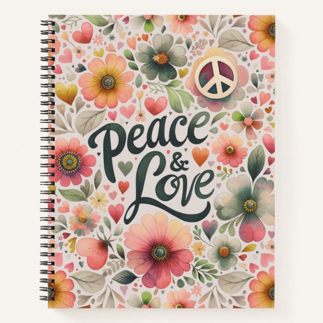 Hübsches Floral Retro Frieden und Liebe Notizbuch (Vorderseite)