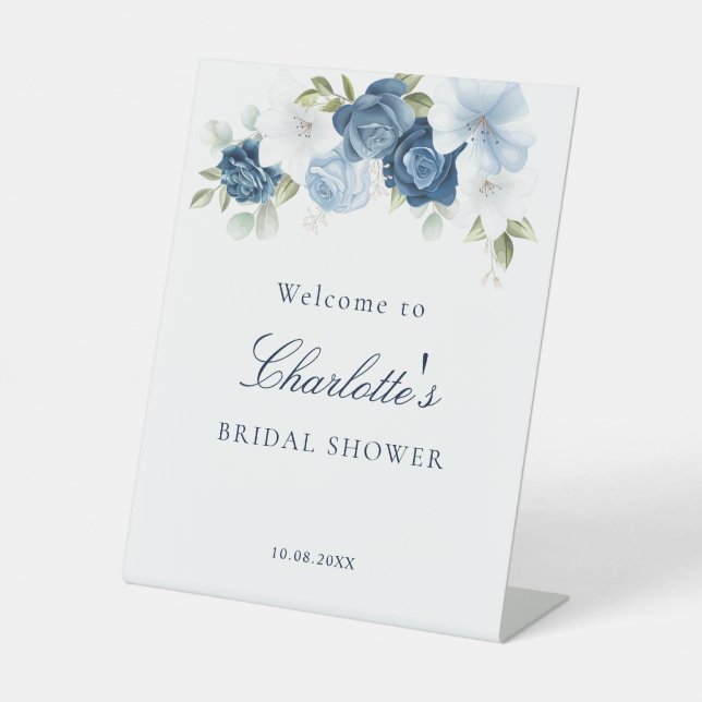 Hübsches florales Dusty Blue Brautparty Sockelschild (Vorderseite)