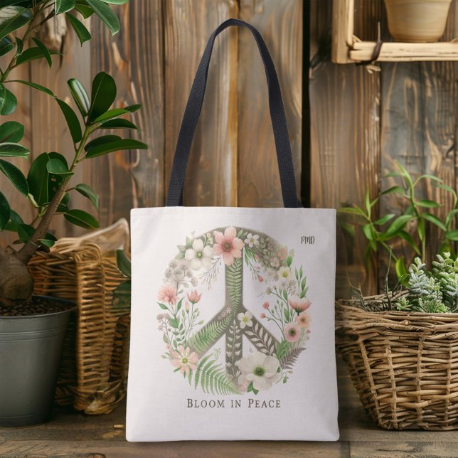 Hübsches florales Retro "Bloom in Peace" Zeichen Tasche (Von Creator hochgeladen)