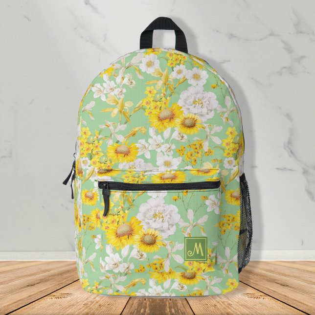 Hübsches Gelbgrün-Muster-Monogramm-Girl Bedruckter Rucksack (Pretty yellow green stunning floral pattern monogram girly backpack, back to school, gift ideas)