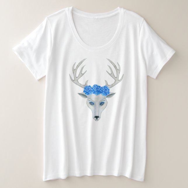 Hübsches Gesicht des Hirschkopfes Antlers Blaue Ro Große Größe T-Shirt (Design vorne)