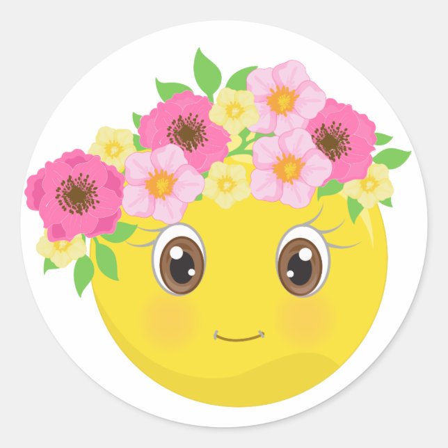 Hübsches Girly Emoji mit Blumen-Aufklebern Runder Aufkleber (Vorderseite)