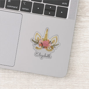 Hübsches Glitzer Einhorn , Blumen - Personalisiert Aufkleber