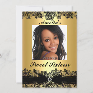Hübsches Gold & Black Lace Foto Sweet 16 Einladung