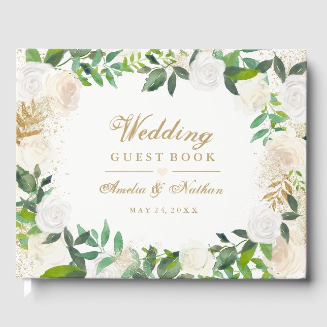 Hübsches Gold Floral Wreath Wedding Gästebuch (Vorderseite)