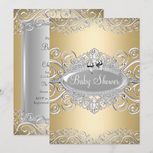 Hübsches Gold & Silver Damask Princess Baby Dusche Einladung (Vorne/Hinten)