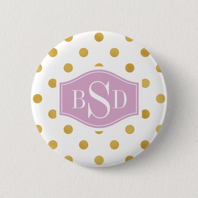 Hübsches Gold und weißes Polkapunktmustermonogramm Button (Vorderseite)