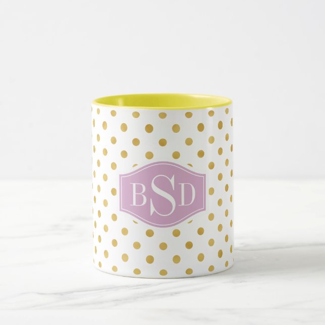 Hübsches Gold und weißes Polkapunktmustermonogramm Tasse (Zentrum)