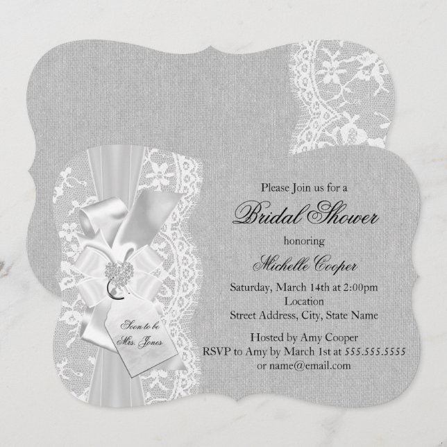 Hübsches Grau-Vintages Lace & Burlap-Brautparty Einladung (Vorne/Hinten)