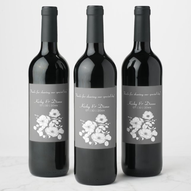 Hübsches, graues und weißes Blumenweinlabel Weinetikett (Flaschen)