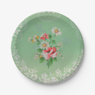 Hübsches Grün mit rosa Blumentapeten-Teller Pappteller