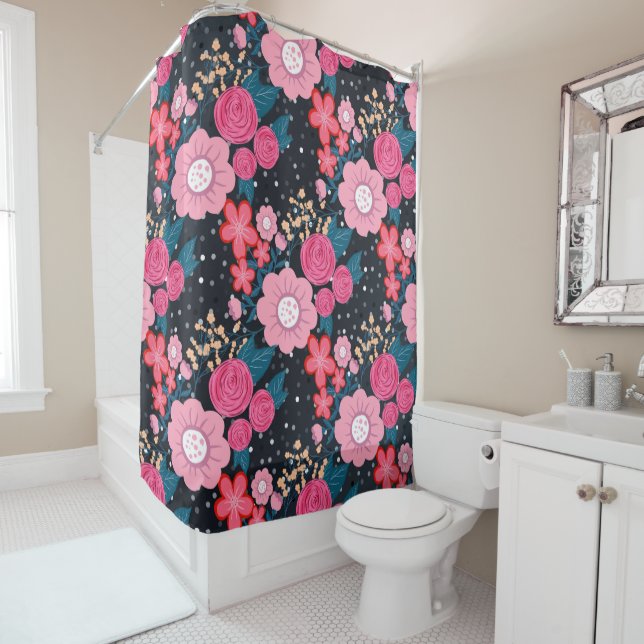 Hübsches gürtelrosa Floral Silber Dots Grau Design Duschvorhang (Beispiel)