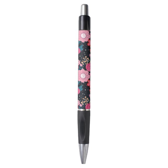 Hübsches gürtelrosa Floral Silber Dots Grau Design Kugelschreiber (Vorderseite Vertikal)