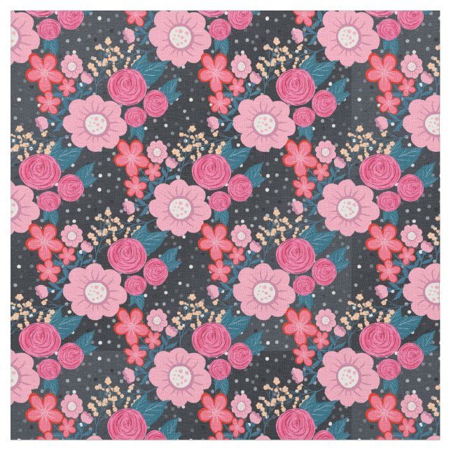 Hübsches gürtelrosa Floral Silber Dots Grau Design Stoff (Nahaufnahme)