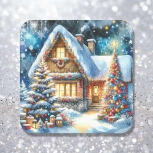 Hübsches Haus im festlichen Weihnachtsdekor Quadratischer Aufkleber