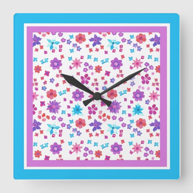Hübsches Hippy-Blume-Power-Blumenmuster auf Weiß Quadratische Wanduhr (Vorderseite)