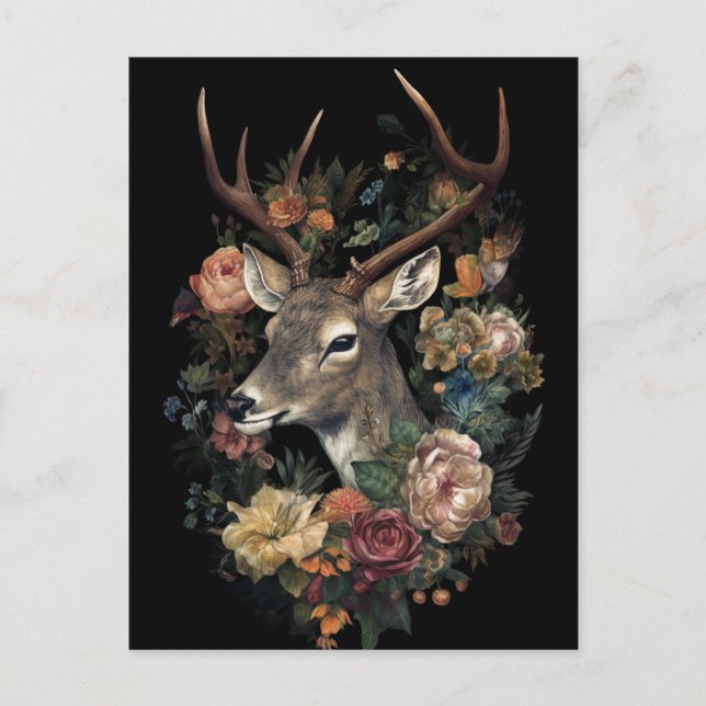 Hübsches Hirsch mit Blumenkranz Postkarte (Vorderseite)