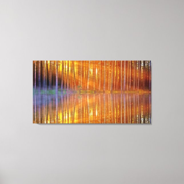 Hübsches Holzland Sonnenuntergang Goldene Reflexio Leinwanddruck (Vorderseite)