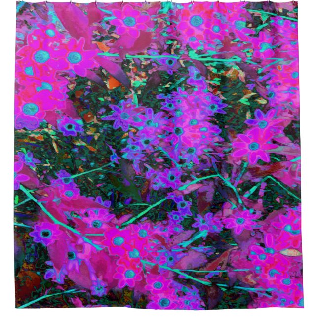 Hübsches Hot Pink, Magenta und Aqua Blue Blumen Duschvorhang (Vorderseite)