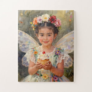 Hübsches kleines Feenmädchen, das einen Cupcake hä