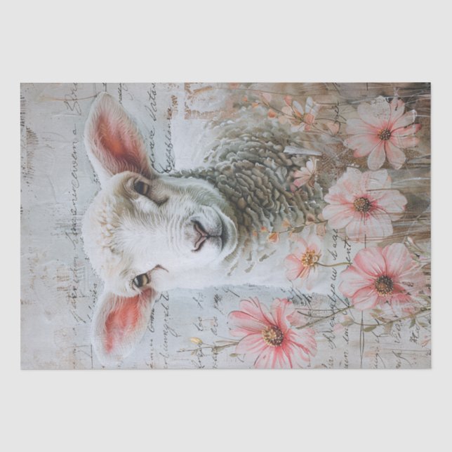 Hübsches Lamm Pink-Blume Skript-Decoupage Seidenpapier (Vorderseite)