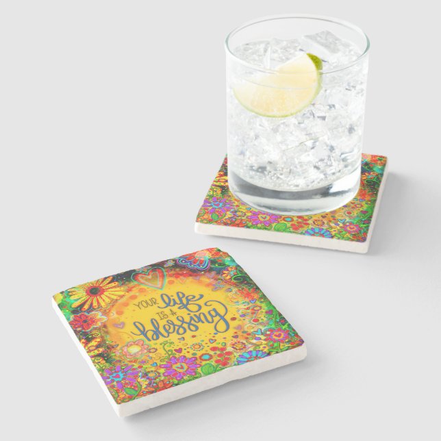 Hübsches Leben ist ein Segen floral Whimsical Steinuntersetzer (Seitenansicht)