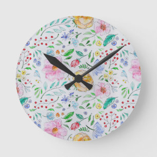 Hübsches, leichtes Aquarell-Blumen- und Knospenmus Runde Wanduhr