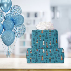 Hübsches Leuchtturm-Muster   Dunkles Teal Geschenkpapier