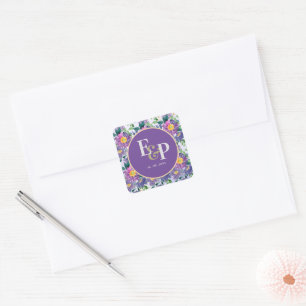 Hübsches Lila Blue Florals Monogram Wedding Quadratischer Aufkleber