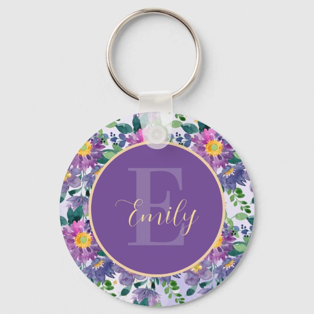 Hübsches Lila Blue Florals Name Monogram Schlüsselanhänger (Vorderseite)