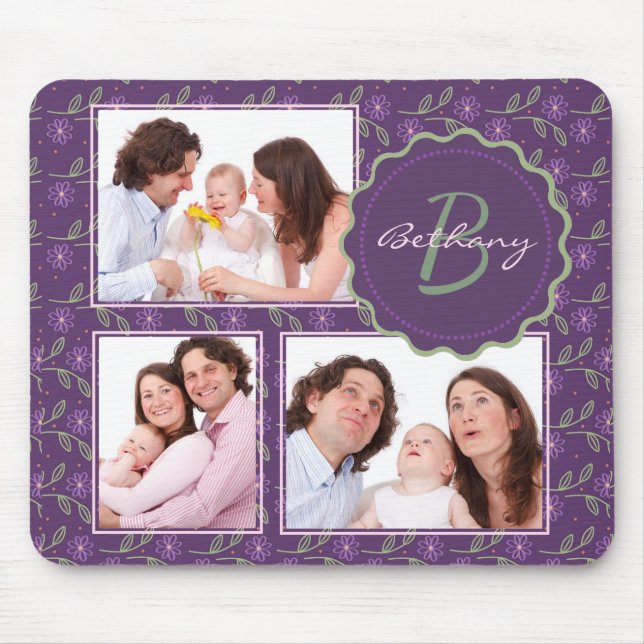 Hübsches Lila Blumenfoto Collage Personalisiert Mousepad (Vorne)