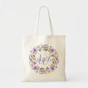Hübsches lila florales Monogramm Brautjungfer Tragetasche