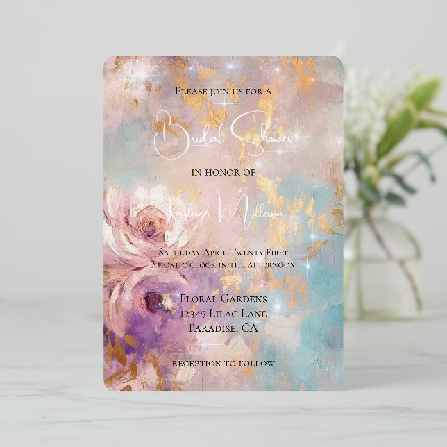 Hübsches Lila Gold Aqua Blue Floral Brautparty Folieneinladung (Stehend vorne)