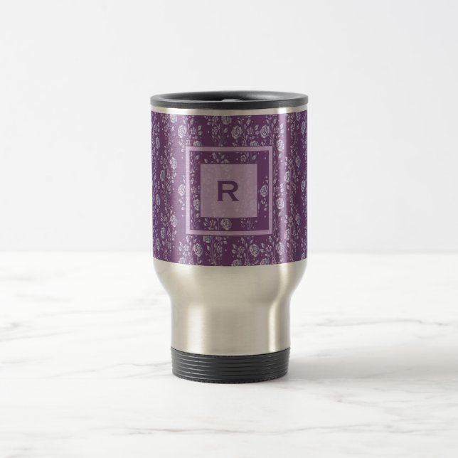 Hübsches Lila und Hübsches Lilac Floral Monogramm Reisebecher (Mittel)