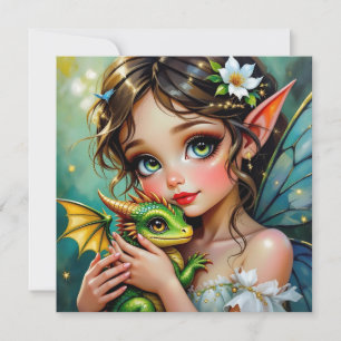 Hübsches Mädchen mit Feen- und Drachen-Motiv  Karte