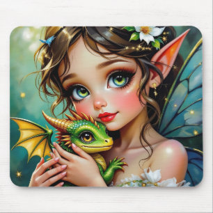 Hübsches Mädchen mit Feen- und Drachen-Motiv Mousepad